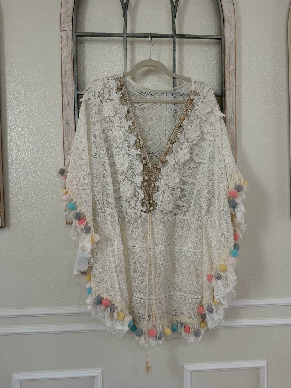 Women's Ivory Lace Swim Coverup with Pom-Pom Trim